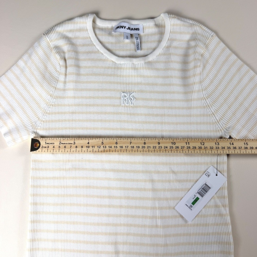 DKNY Jeans Womens LP White Tan Striped Ribbed Knit Short Sleeve Top NWT - Picture 10 of 11